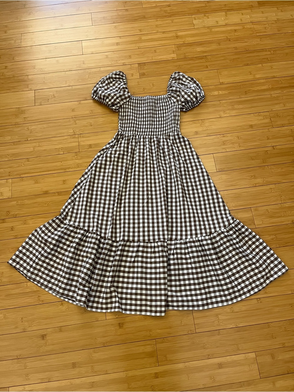 Brown Gingham Puff-Sleeve Smocked Dress